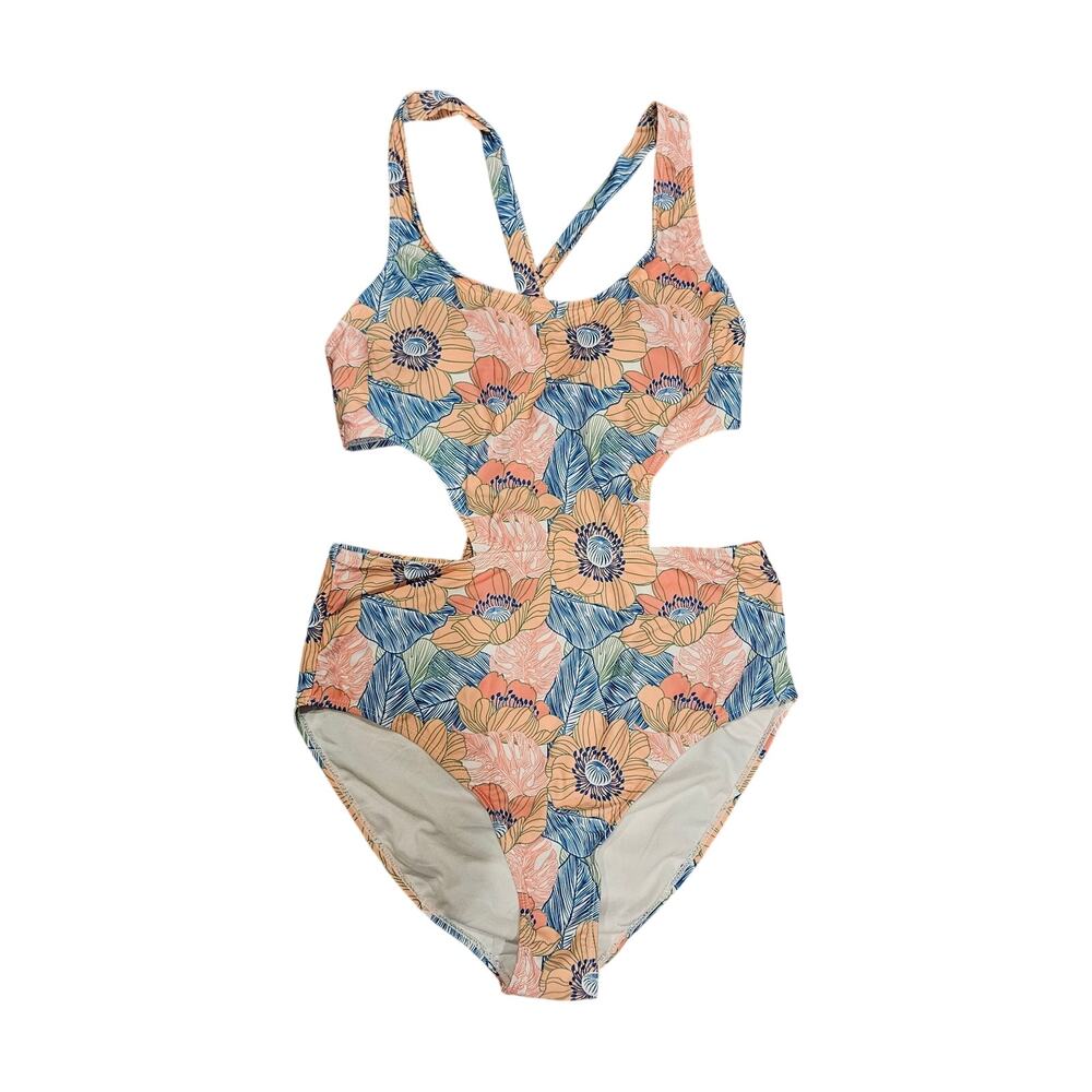 Juice couture womens large one peice swimsuit orange floral cut out nwot
